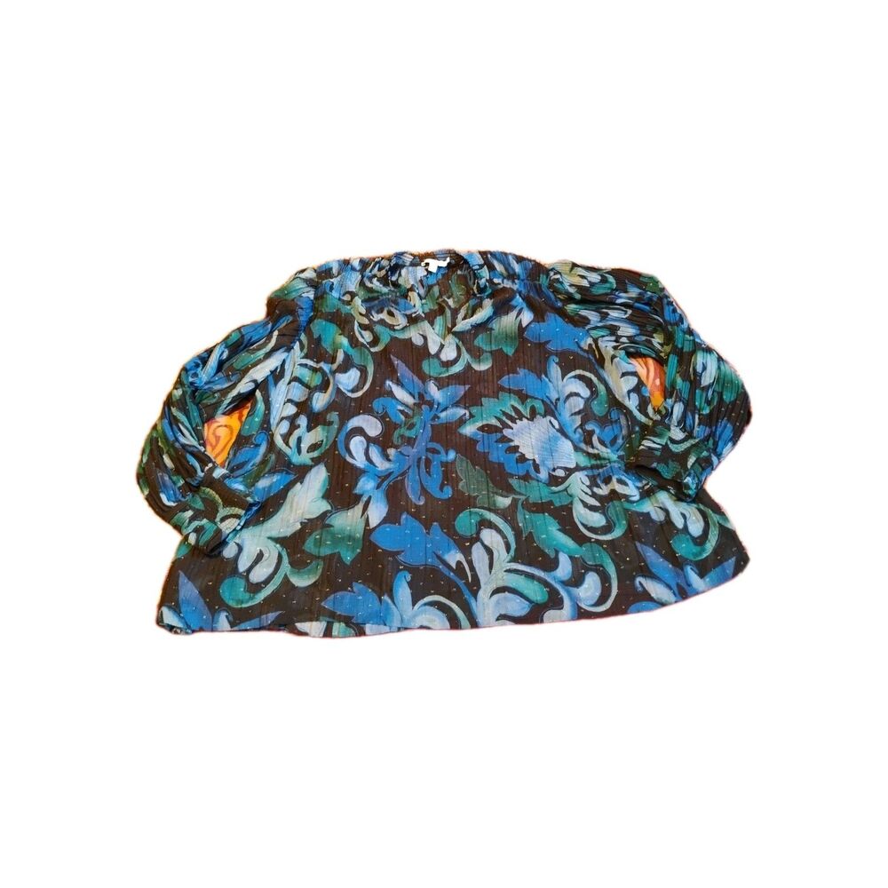 Chicos  2 US 12 Womens Floral Print Sheer Pleated Blue Black Shinny Top Blouse